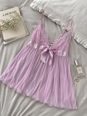 Victoria's Secret Pink Lace Babydoll Chemise Bow Front Sheer Lingerie